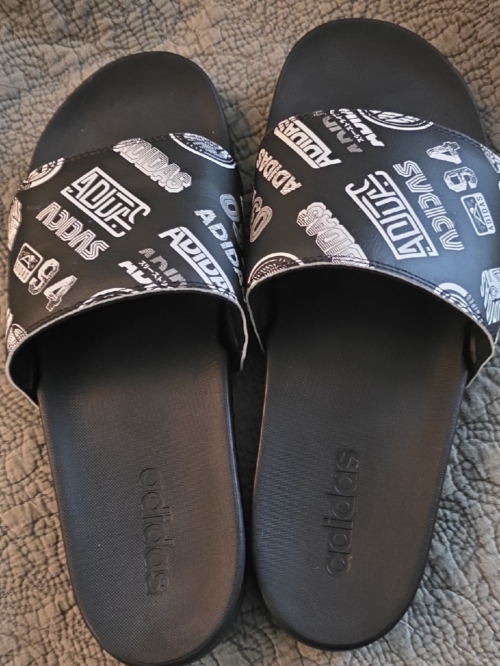 adidas Black Slides with White Logo Graphics